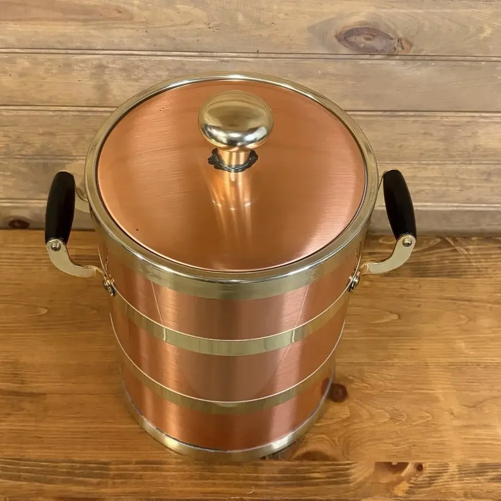 Vintage Kraftware NYC Copper And Brass Ice Bucket MCM Barware Handles Lid Insert